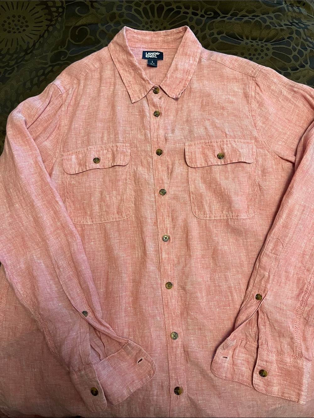 Lands' End Salmon Pink Linen Button-Front Shirt